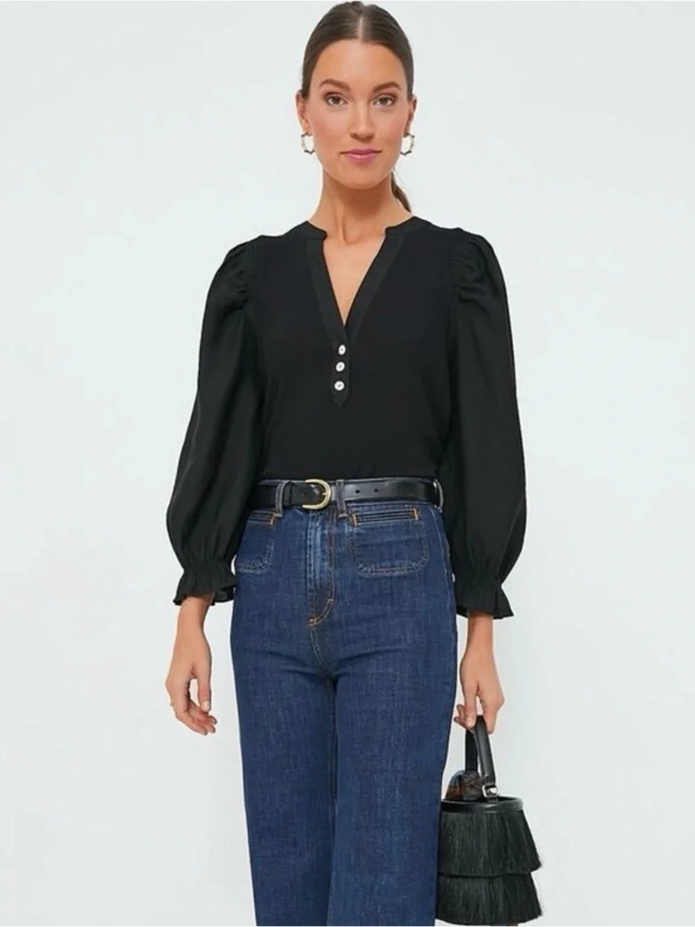 Pomander Place by Tuckernuck Livia Puff Sleeve Ribbed Top Black Medium Medium
